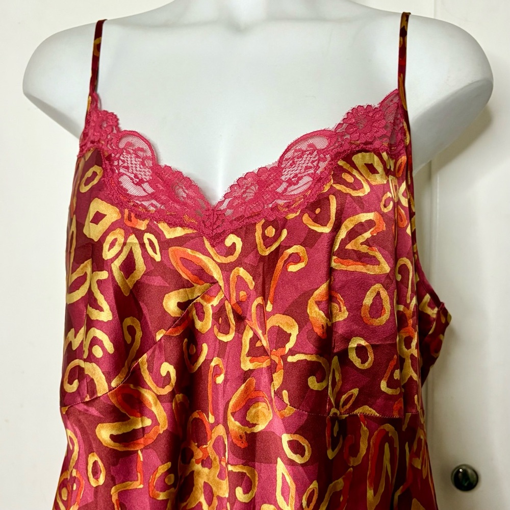 Vintage Y2K Cacique Red Gold Boho Floral Mini Slip Dress Lace Trim - Picture 2 of 5